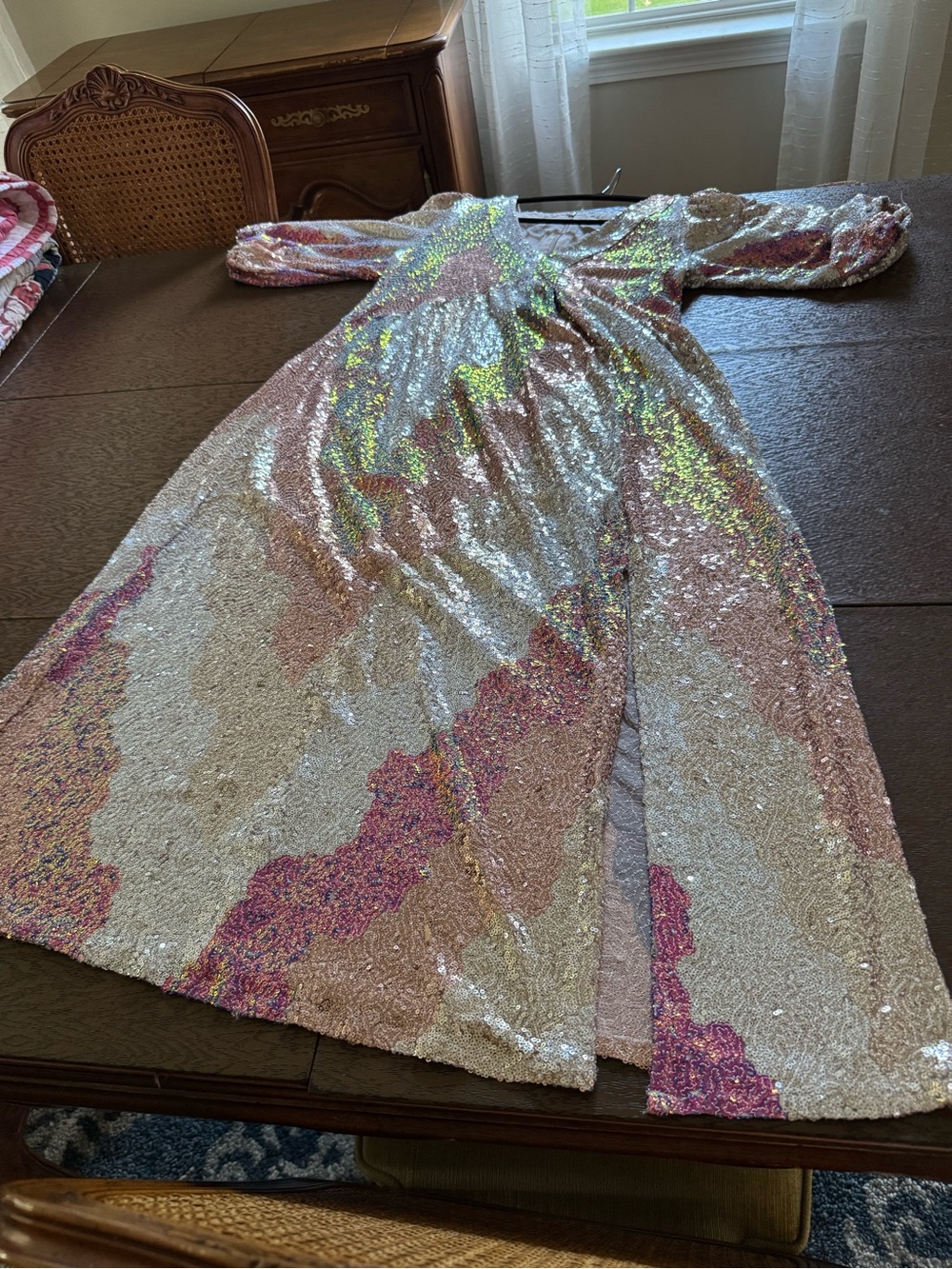 NWOT saltwater LUXE Sequin Puff-Sleeve Maxi Dress in Pink and Gold